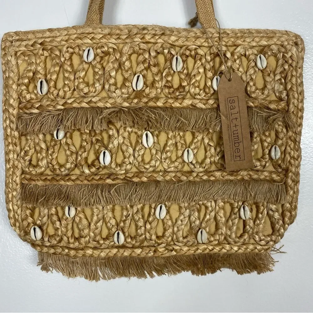 salt & umber jute and sea shell beach bag